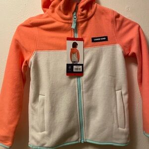 NEW! Lands’ End Kids Hooded Fleece Jacket Coral & Cream Print Full Zip. Size 6